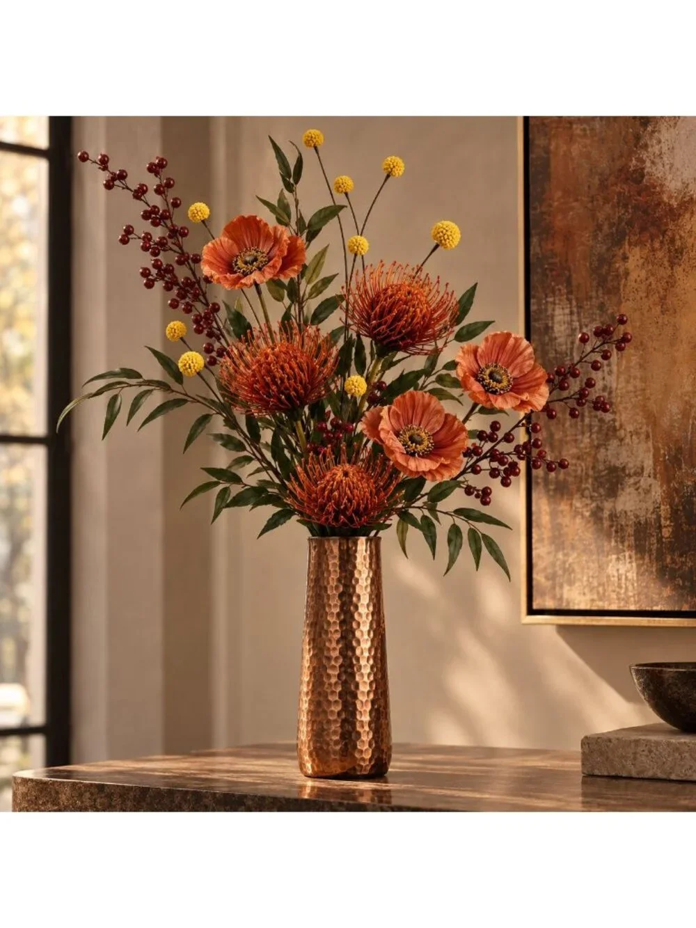 Artificial Yellow Craspedia Billy Ball Stem, 19 Inch 5 Head Faux Flower, Fall We